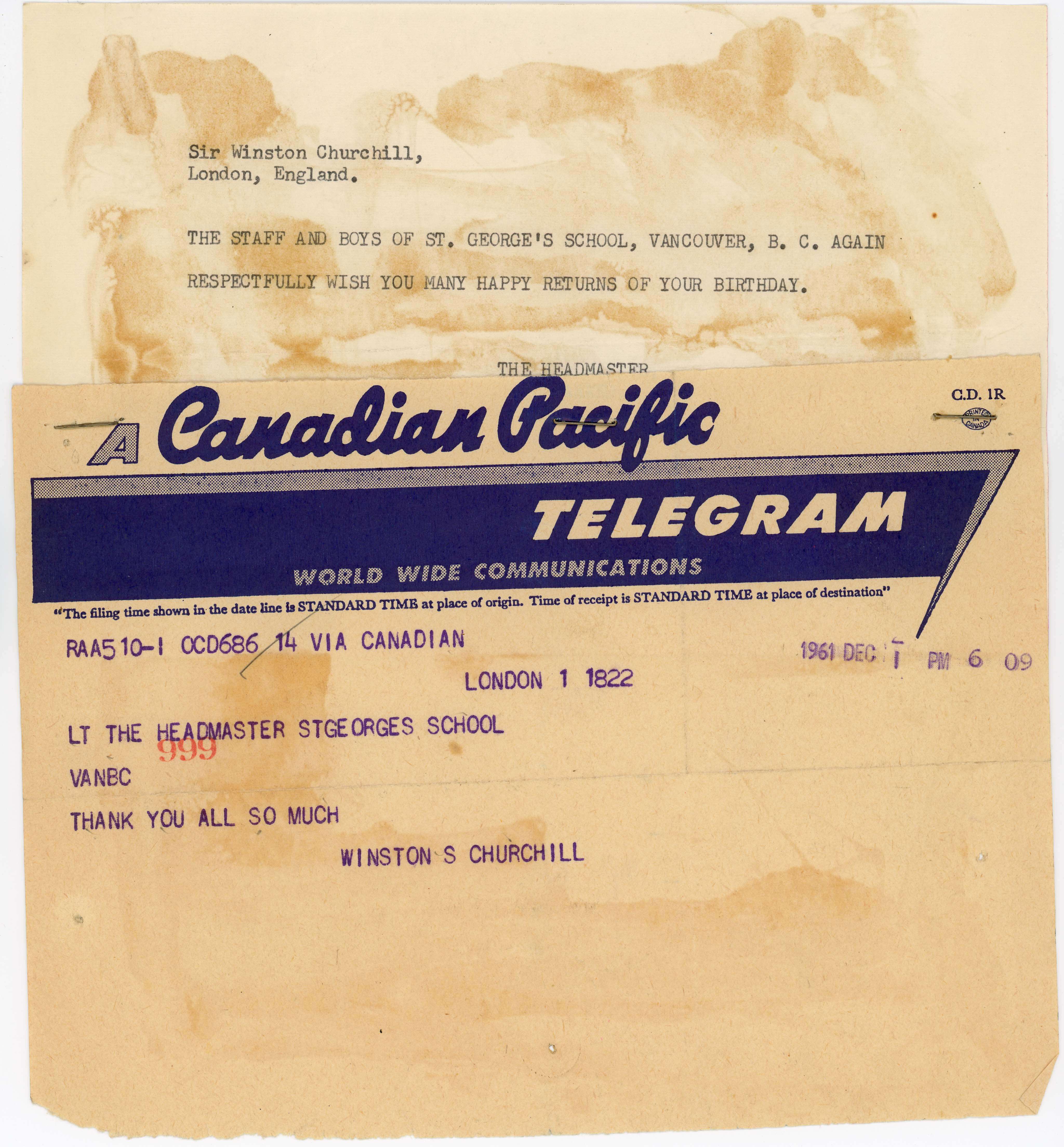 A 1961 telegram from Winston Churchill thanking St. George_s for birthday wishes