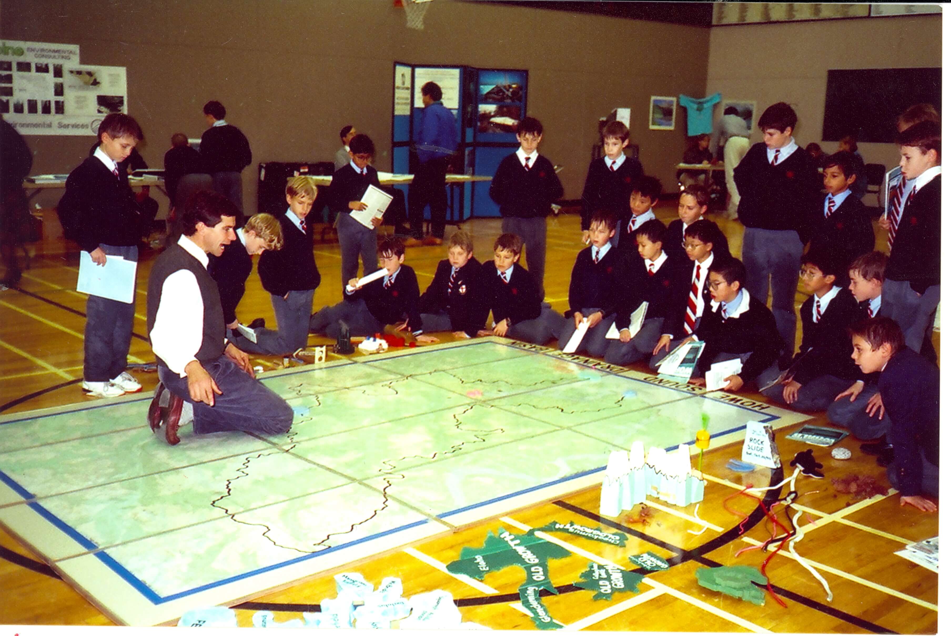 A Junior school’s social studies class playing a simulation in the gym in 1991