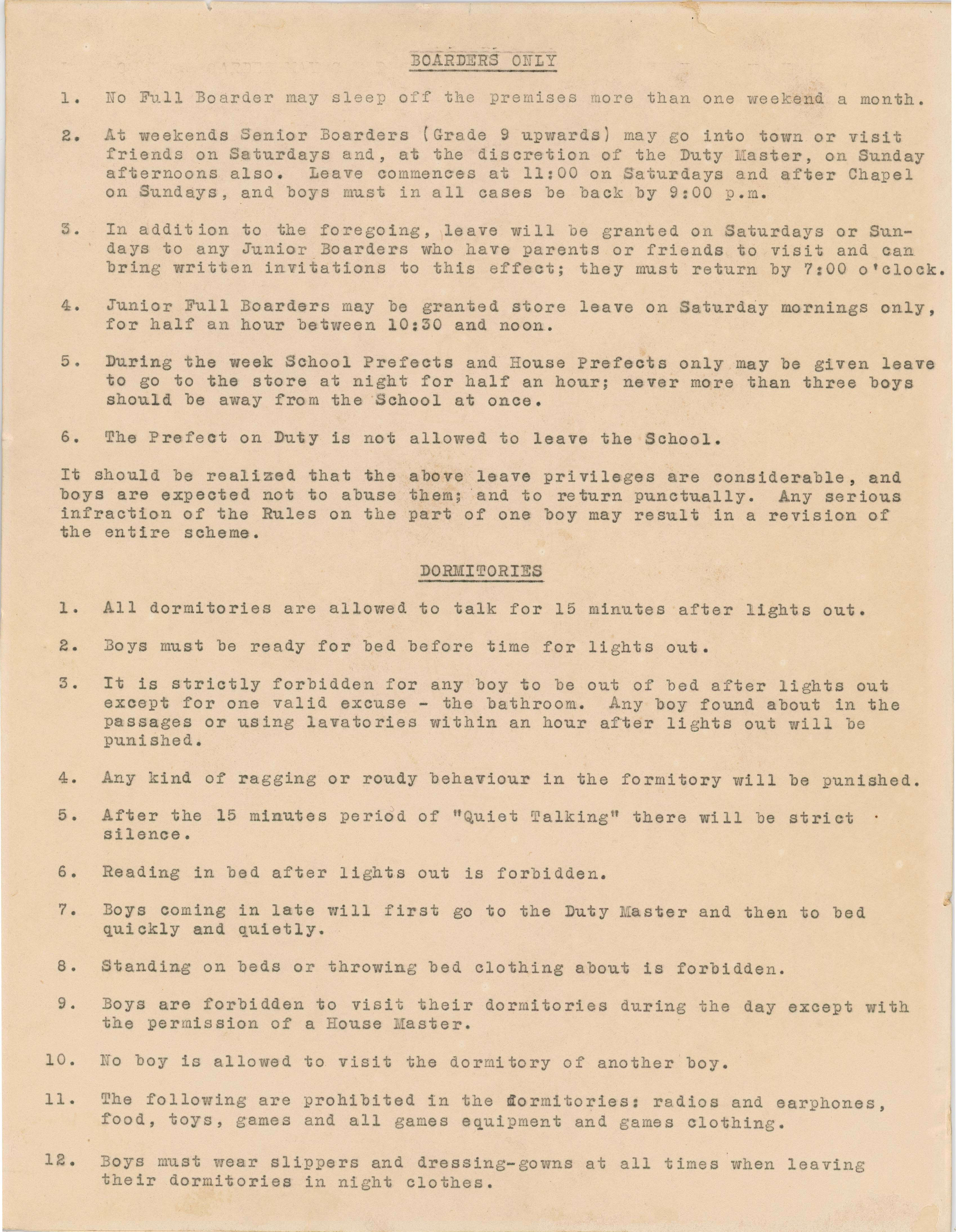 A list of dormitory regulations. Date unknown